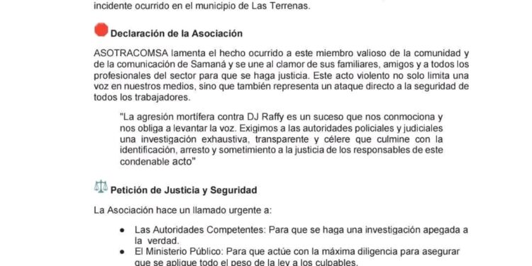 Asociación de Comunicadores De La Provincia Samaná  Se Pronuncia en caso del Comunicador de Las Terrenas Dj Raffy.