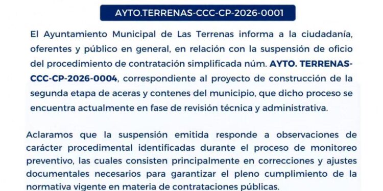 Ayuntamiento de Las Terrenas aclara que suspensión de proceso de contratación responde a observaciones administrativas